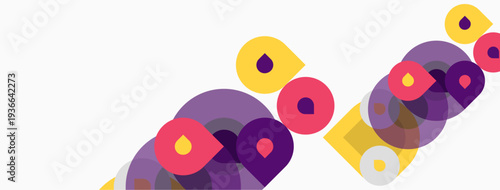 Abstract circles, overlapping shapes, purple, yellow, pink hues. Minimalist design, clean lines, modern aesthetic. Simple composition.