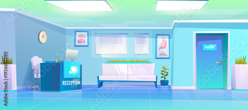 Hospital reception with empty corridor and doors leading to doctor office. Modern clinic interior with waiting area, desk counter and comfortable bench seating for patient visits. Healthcare area