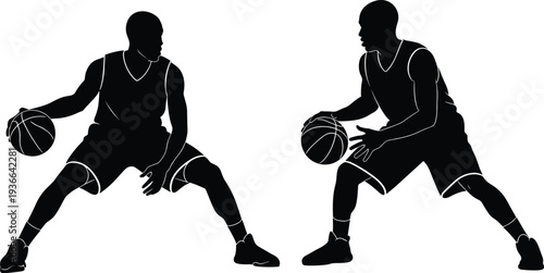Set of black and white basketball player silhouettes dribbling in action poses isolated on white background for sports vector illustration design