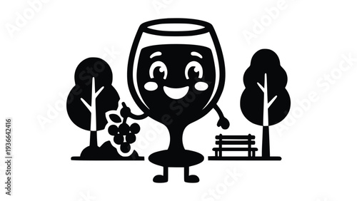 Cartoon wine glass character happily standing near trees and bench in a serene outdoor setting enjoying nature.