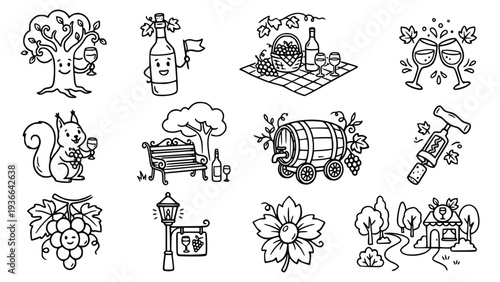 Collection of black and white illustrations celebrating wine and vineyard theme with charming cartoon elements and vineyard scenes.