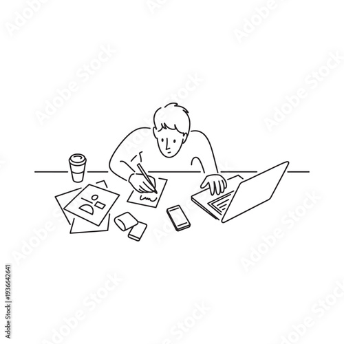 A person working at a cluttered desk with a laptop and papers