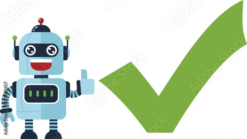 Friendly robot giving thumbs up next to green check mark