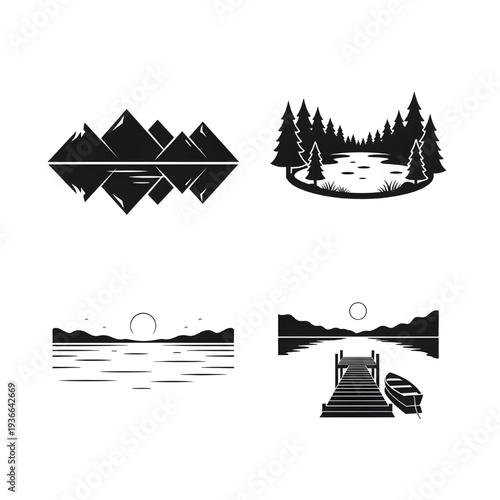 Minimalist landscape graphics feature stylized black silhouettes of mountains reflecting in water, pine forests bordering a lake, and a wooden pier with a small boat.