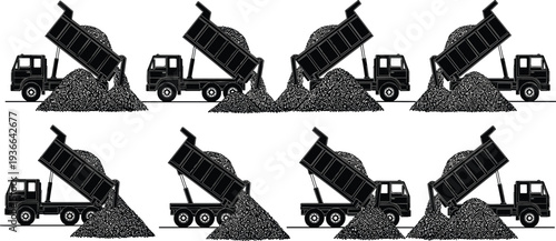 Set of black and white dump trucks unloading gravel piles in construction site, detailed vector illustration of heavy industrial transport vehicles