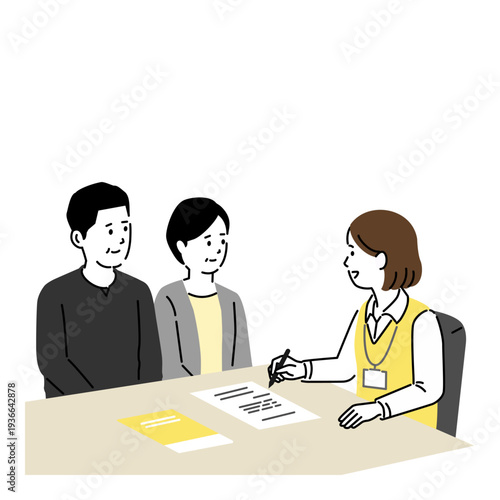 介護サービスの相談をする中年共働き夫婦のイラスト。ケアマネジャーの面談 書類説明と申込手続き