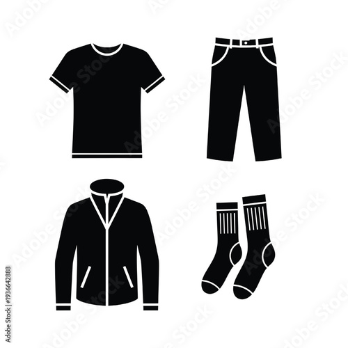 Assorted black apparel icons feature a basic t-shirt, casual pants, a zippered jacket, and a pair of socks presented on a plain white surface.
