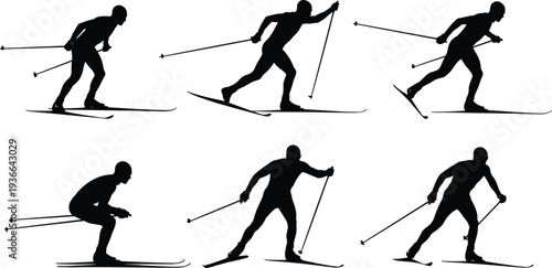 Set of cross country skier silhouettes in motion, winter sport action poses isolated vector illustration collection