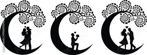 Black silhouette romantic couple on crescent moon wedding proposal engagement set vector illustration isolated on white background clipart art love icons