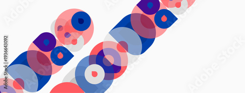 Abstract geometric shapes overlap, creating colorful patterns. Circles, rectangles, soft hues dominate composition. Minimalist design.