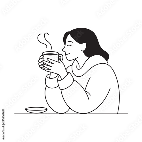 A woman enjoys a warm drink likely coffee or tea in a relaxed pose