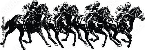 Vector illustration of stylized horse racing silhouettes with jockeys symbolizing sport, tradition, culture, competition, and education