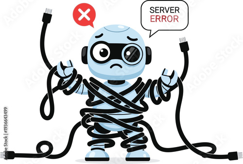 Robot tangled in wires with server error message, system failure, technical problem, internet down