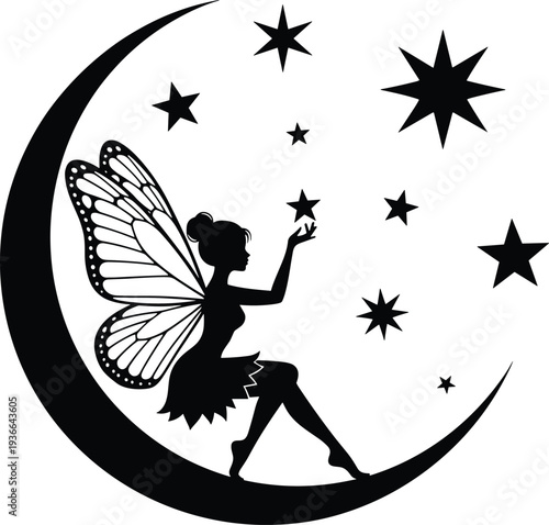 Black fairy silhouette sitting on crescent moon with stars magical butterfly wings fantasy vector illustration isolated on white background clipart art
