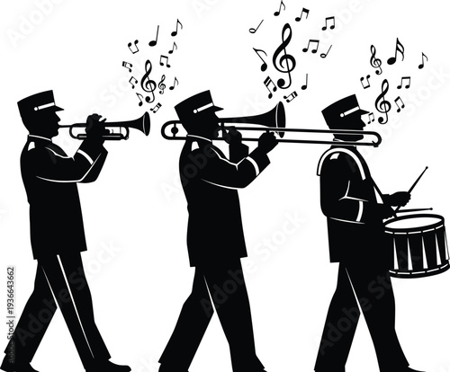 Black silhouette of marching band musicians playing trumpet, trombone, and snare drum with musical notes for parade, celebration, and entertainment.