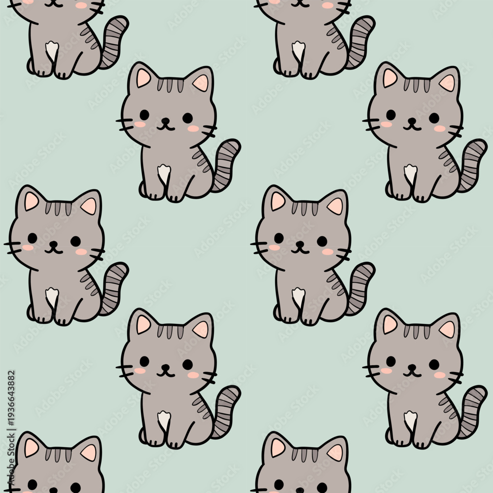 Obraz premium Cute Cat Seamless Pattern with Cartoon Kitty on Pastel Background