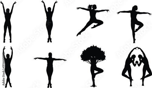 Set of female yoga and dance silhouettes in dynamic poses, fitness and flexibility vector illustration collection isolated on white