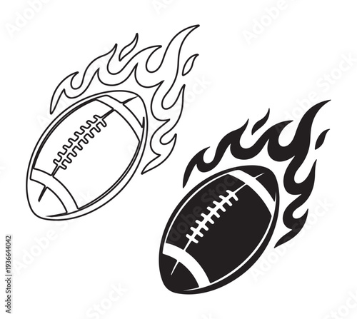 American footballs engulfed in flames a dynamic black and white illustration