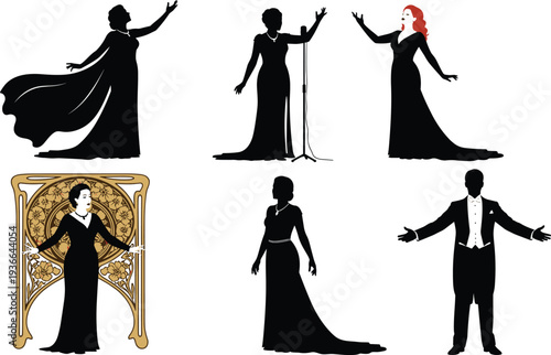 Set of opera singers and elegant performers silhouettes, vintage stage performance vector illustration collection isolated on white background