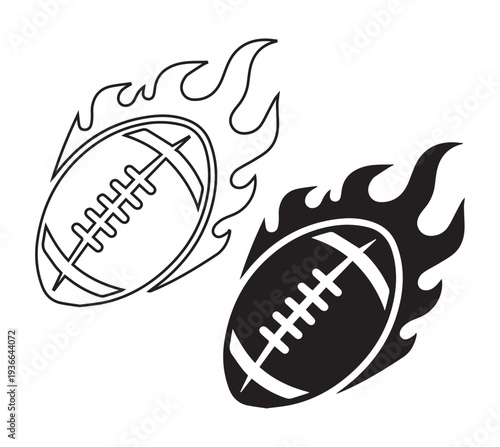 American footballs with flames a dynamic black and white illustration