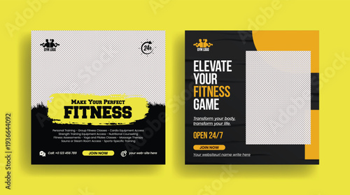 Trendy Gym Fitness Workout Marketing Template Bundle for Social Media Post, Square Flyer Poster, Promotional Banner Ads and Web Banner Advertising Design for Personal Trainer Sport Training