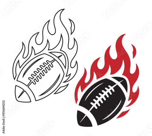 American footballs engulfed in stylized black and red flames