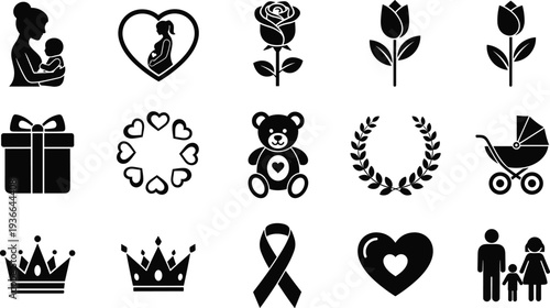 Set of family and motherhood icons featuring mother holding baby, pregnant woman, roses, teddy bear, stroller, and heart symbols, isolated.