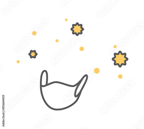 シンプル　イラスト　花粉が飛散する中の花粉症対策マスクのイメージ ベクターイラスト