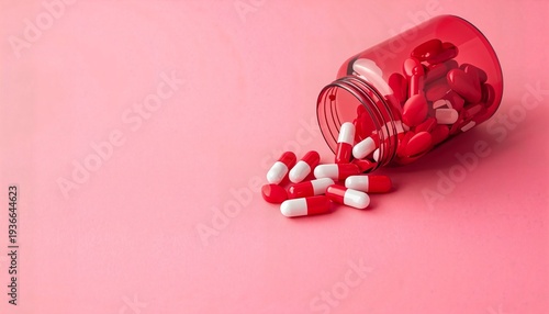A bottle of red and white capsules spilled out on a pink background