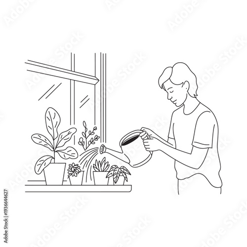 A person waters indoor plants near a bright window in a simple sketch