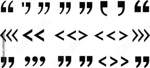 Set of black quotation marks and guillemets icons featuring double quotes, single commas, and bracket punctuation for typography and text design.