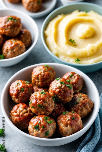 Meatballs with mashed potato. AI Generated.