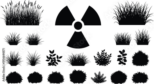 Black silhouette collection of various garden grass and shrubs surrounding a central radiation warning symbol for environmental hazard and safety concepts.