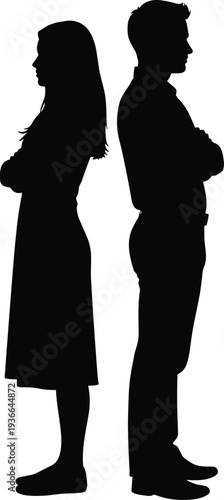 Silhouette of sad couple standing back to back with crossed arms, relationship conflict concept, emotional breakup, isolated on white background