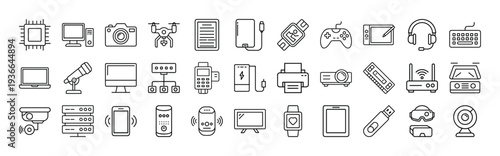 Set of 45 Electronic Devices and Gadgets Line Icons Vector - Modern Technology Outline Symbols for Web, Mobile UI, and Digital Projects
