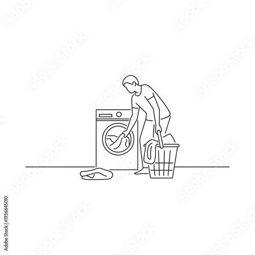 Line drawing depicts a person doing laundry with a washing machine