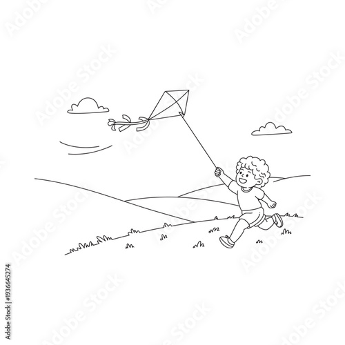 A joyful child runs with a kite on a breezy sunny day