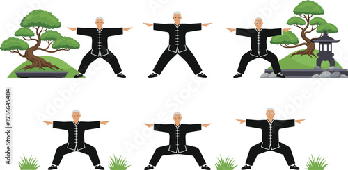 Tai chi martial arts elderly man practicing traditional Chinese exercise poses in garden landscape flat vector illustration set