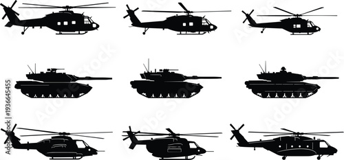 Military helicopter and battle tank silhouette vector set, black army vehicle icons collection for war game design, armored transport and air force silhouette graphics.