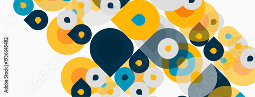 Abstract circles overlap, creating dynamic composition. Yellows, blues, grays dominate design. Modern, geometric pattern feels playful.