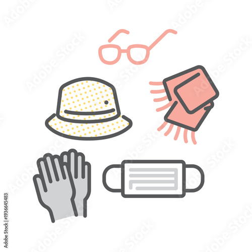 シンプル　イラスト　花粉症対策グッズのアイコンセット ベクターイラスト