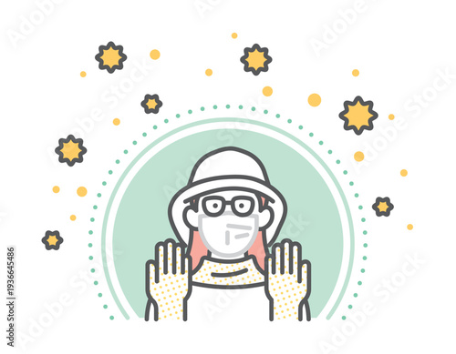 シンプル　イラスト　花粉をブロックする花粉対策フル装備の人物のイメージ ベクターイラスト