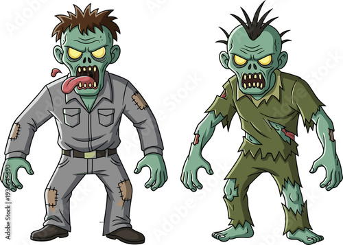 Scary green zombie cartoon characters with glowing yellow eyes, ragged clothes, and protruding tongue, spooky undead monster vector illustration set for Halloween horror design projects.