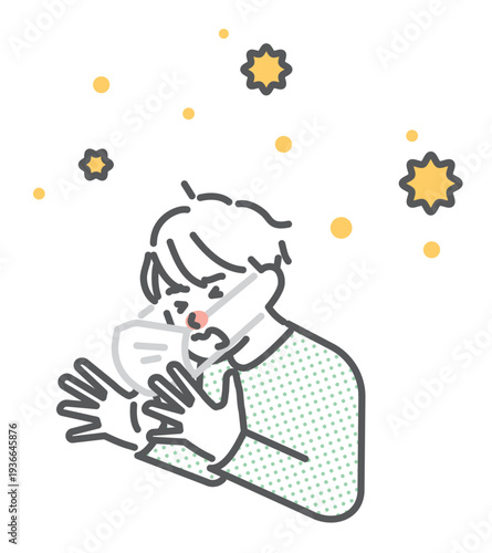 シンプル　イラスト　花粉症でくしゃみをするマスク姿の子供のイメージ ベクターイラスト