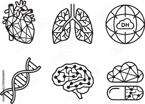 Biomedical Digital Twin, Personalized Healthcare Technology and Medical Data Simulation Minimalist Mono-line Icon Set Vector Illustration