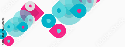 Abstract design features overlapping circles, pink and teal hues, white background. Modern, playful composition evokes energy, movement.