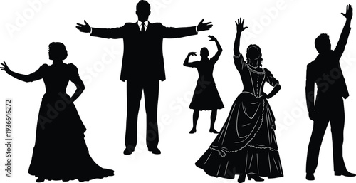 Vintage Victorian era silhouette collection of elegant men and women in formal attire posing in dramatic theatrical gestures isolated on white background