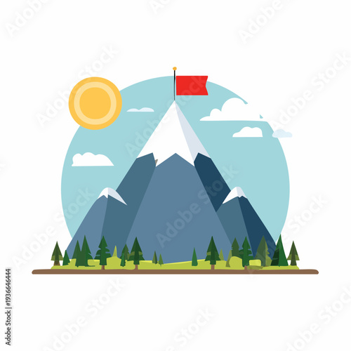 Mountain peak with red flag illustration.  Success, achievement, reaching the summit concept.