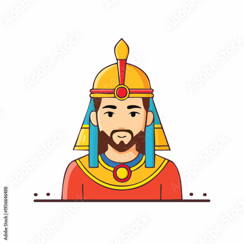 Cartoon Illustration of an Ancient Egyptian Pharaoh Character with Festive Gold and Blue Accents