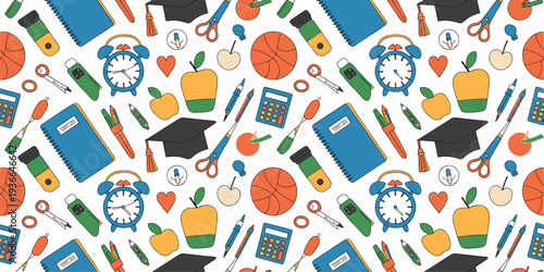 Vibrant Student Lifestyle Seamless Pattern with School Supplies Including Alarm Clocks Scissors Apples and Graduation Elements for Educational Wallpaper Design.
